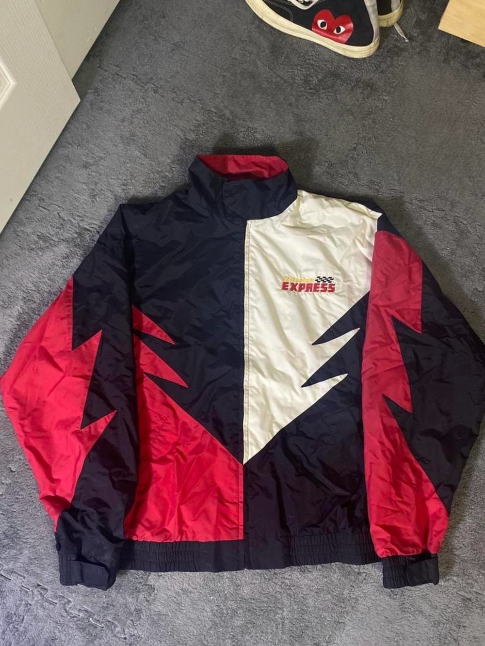Express Men's Colorblock Racing Windbreaker Jacket - Red/Navy/White